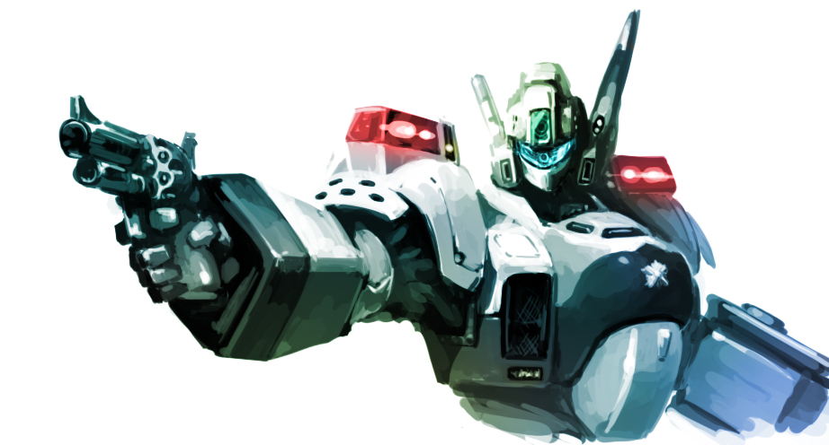 aiming av-98_ingram gun handgun kidou_keisatsu_patlabor lights mecha police police_badge radio_antenna realistic revolver science_fiction simple_background sketch solo taedu upper_body weapon