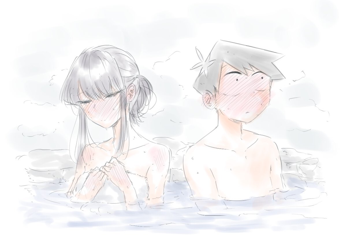 1boy 1girl bathing black_eyes black_hair blush komi-san_wa_komyushou_desu komi_shouko long_hair mitsugu onsen tadano_hitohito white_background