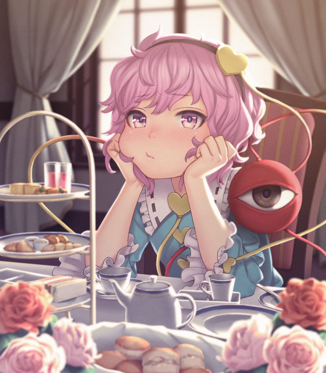 1girl :/ biscuit blush chin_rest collar commentary_request cup curtains eyebrows_visible_through_hair flower food frilled_collar frilled_sleeves frills hairband hands_on_own_cheeks hands_on_own_face head_rest heart highres indoors komeiji_satori long_sleeves looking_at_viewer nose nose_blush pink_eyes pink_flower pink_hair pink_rose pout red_flower red_rose rose sho_shima short_hair sitting solo table tea_set teacup touhou white_flower white_rose wide_sleeves window