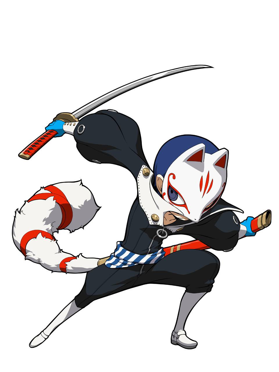 1boy blue_hair fake_tail fox_mask fox_tail grey_eyes highres katana kitagawa_yuusuke mask official_art persona persona_5 persona_q2:_new_cinema_labyrinth sheath solo sword tail weapon