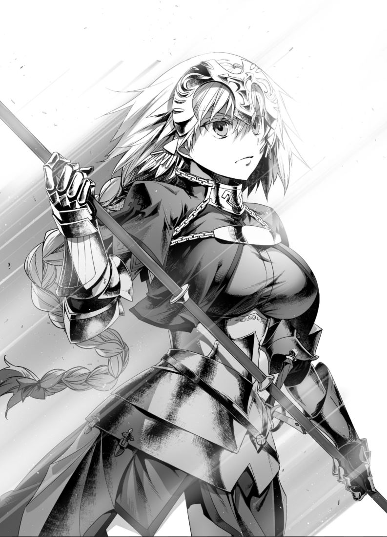 1girl armor armored_dress braid breasts capelet commentary_request fate/apocrypha fate/grand_order fate_(series) faulds gauntlets greyscale headpiece ishida_akira jeanne_d'arc_(fate) jeanne_d'arc_(fate)_(all) large_breasts long_hair monochrome polearm revision single_braid solo weapon
