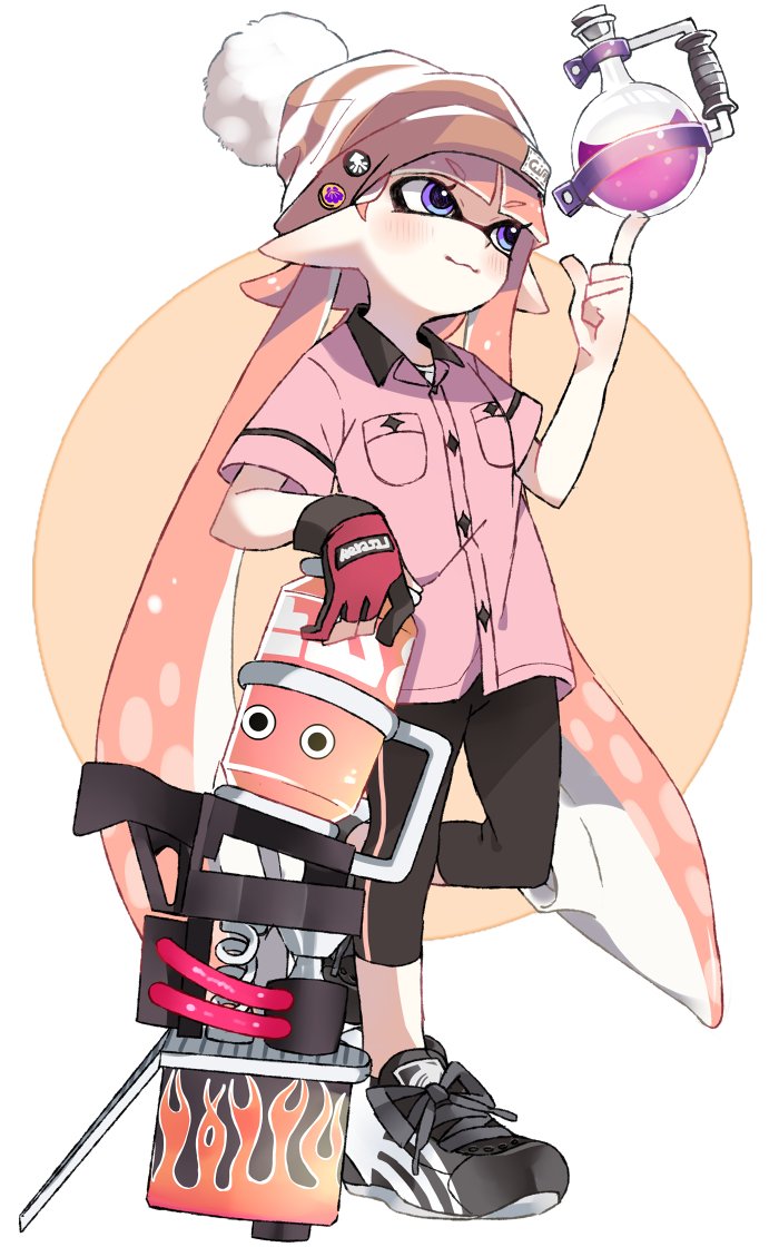 1girl badge bangs black_footwear black_legwear blaster_(splatoon) blouse blunt_bangs bobblehat bowling_glove brown_hat circle closed_mouth collared_blouse cross-laced_footwear domino_mask eyebrows_visible_through_hair full_body gloves hand_on_weapon hat inkling leg_up leggings light_blush logo long_hair maco_spl mask no_legwear on_finger pink_blouse pink_hair pointy_ears red_gloves shoes short_sleeves simple_background single_vertical_stripe smile sneakers solo splatoon splatoon_(series) splatoon_2 standing standing_on_one_leg striped_hat tentacle_hair toxic_mist_(splatoon) very_long_hair violet_eyes white_background