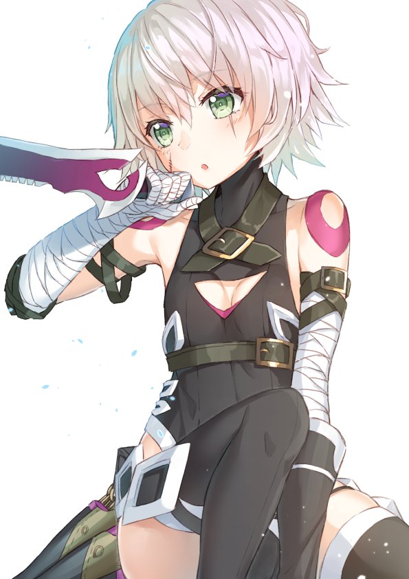 1girl bandage black_legwear black_leotard breasts cleavage cleavage_cutout collarbone eyebrows_visible_through_hair facial_scar fate/apocrypha fate_(series) green_eyes hair_between_eyes hakuishi_aoi holding holding_sword holding_weapon jack_the_ripper_(fate/apocrypha) leotard open_mouth scar scar_across_eye scar_on_cheek short_hair silver_hair simple_background sitting small_breasts solo sword thigh-highs weapon white_background