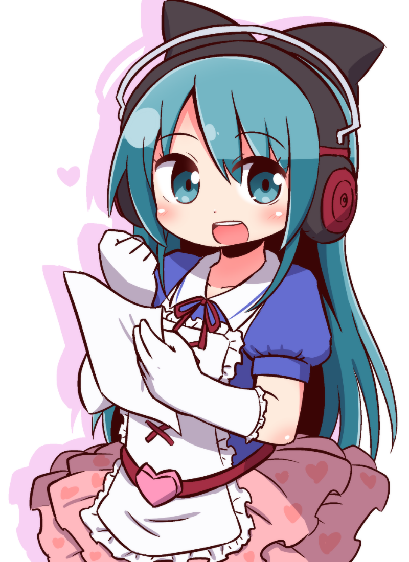 1girl :d bangs black_bow blue_eyes blue_hair blue_shirt blush bow collarbone collared_shirt commentary_request copyright_request elbow_gloves eyebrows_visible_through_hair frilled_gloves frills gloves hair_between_eyes hair_bow headphones heart heart_print layered_skirt long_hair looking_at_viewer naga_u neck_ribbon open_mouth pink_skirt print_skirt puffy_short_sleeves puffy_sleeves red_ribbon ribbon shadow shirt short_sleeves skirt smile solo upper_teeth very_long_hair white_background white_gloves