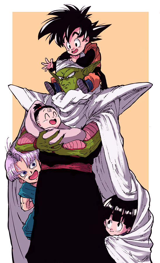 1girl 4boys :d ^_^ baby black_eyes blanket blue_eyes brothers cape carrying closed_eyes closed_eyes dragon_ball dragon_ball_super dragonball_z father_and_daughter happy hiding looking_down multiple_boys nervous open_mouth pan_(dragon_ball) piccolo pink_background pointy_ears ponytail purple_hair short_hair siblings simple_background sitting_on_shoulder smile son_gohan son_goten spiky_hair standing suzuki_zentarou sweatdrop time_paradox trunks_(dragon_ball) turban two-tone_background under_clothes upper_body white_background