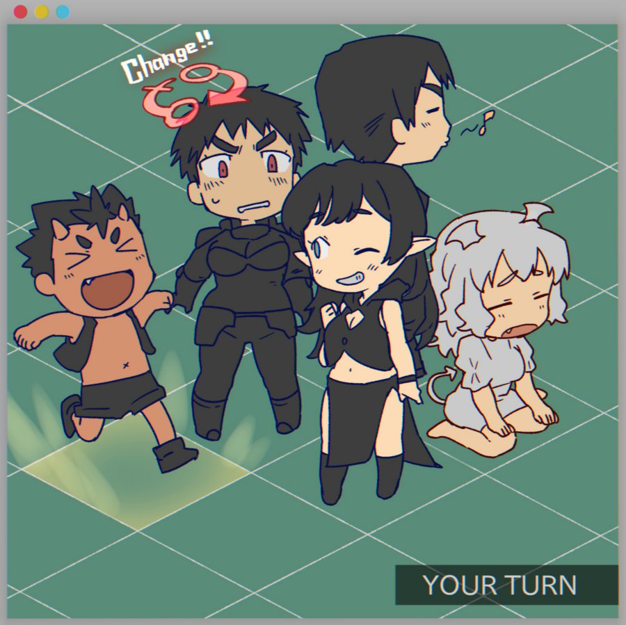 2boys 3girls black_hair blue_eyes board_game boots cleavage_cutout closed_eyes dress genderswap genderswap_(mtf) head_wings horns knight mars_symbol multiple_boys multiple_girls musical_note navel original pelvic_curtain red_skin reversi shorts sitting st05254 venus_symbol wariza whistling white_hair window_(computing)