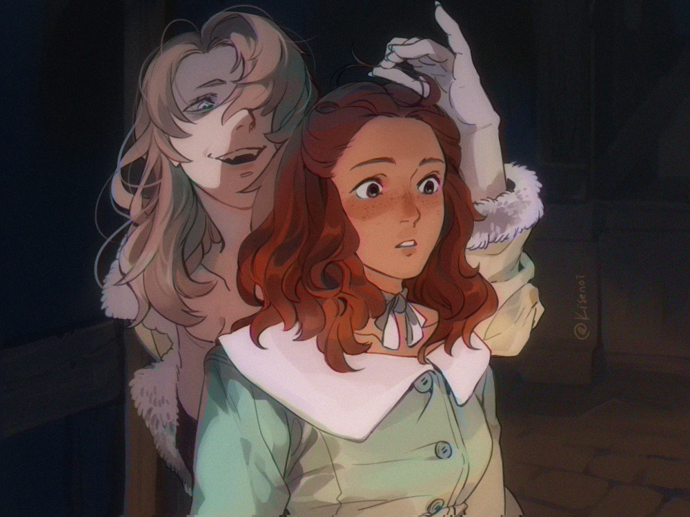 2girls black_eyes breasts brown_hair buttons cleavage collarbone commentary dark_skin disney english_commentary fangs fingernails floor freckles indoors kisenoi lady_(disney) lady_and_the_tramp light_brown_hair long_fingernails long_hair long_sleeves medium_breasts medium_hair multiple_girls multiple_sources peg_(disney) personification signature twitter_username upper_body wall