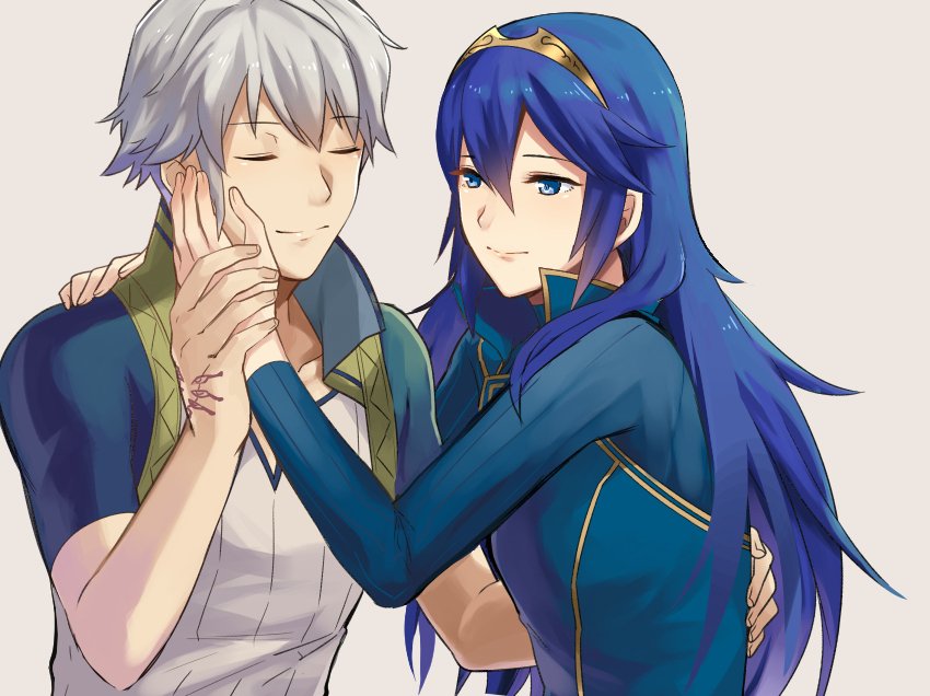 1boy 1girl a_meno0 blue_eyes blue_hair blush couple fingerless_gloves fire_emblem fire_emblem:_kakusei gloves hetero long_hair lucina male_my_unit_(fire_emblem:_kakusei) mejiro my_unit_(fire_emblem:_kakusei) nintendo short_hair silver_hair simple_background smile tiara