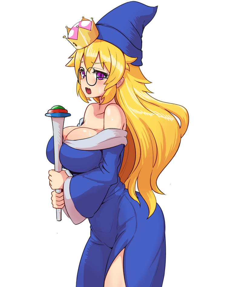 1girl bare_shoulders blonde_hair blue_hat blue_robe blush breasts cleavage cowboy_shot crown eyebrows_visible_through_hair from_side genderswap genderswap_(mtf) glasses hat kamek large_breasts long_hair super_mario_bros. nintendo off_shoulder okamura_(okamura086) open_mouth shiny shiny_skin side_slit simple_background super_crown violet_eyes wand white_background wizard_hat