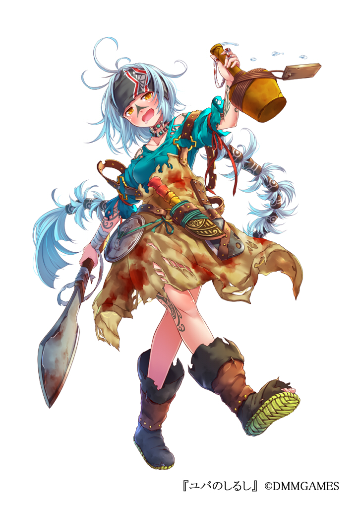 1girl :o alcohol blood bloody_clothes bloody_weapon boots breasts brown_footwear choker company_name dmm drooling drunk full_body holding holding_weapon knife leg_tattoo long_hair mataichi_mataro medium_breasts official_art sheath simple_background solo tattoo toes very_long_hair weapon white_background white_hair yellow_eyes yuba_no_shirushi