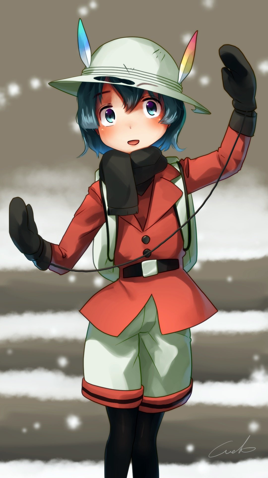 1girl :d adapted_costume backpack bag belt black_legwear black_mittens black_scarf blue_hair coat commentary_request cowboy_shot eyebrows_visible_through_hair eyebrows_visible_through_hat hat hat_feather helmet highres jacket kaban_(kemono_friends) kemono_friends long_sleeves looking_at_viewer mittens open_mouth pantyhose pantyhose_under_shorts pith_helmet red_jacket scarf short_hair shorts signature smile snow solo welt_(kinsei_koutenkyoku) white_hat white_shorts winter_clothes