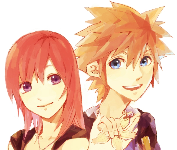 1boy 1girl brown_hair commentary_request jewelry kairi_(kingdom_hearts) kingdom_hearts kingdom_hearts_ii medium_hair necklace ramochi_(auti) redhead smile sora_(kingdom_hearts)