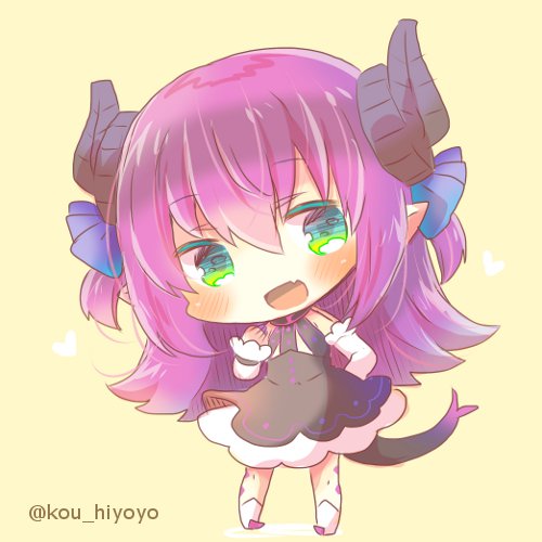 1girl :d bangs black_dress blue_ribbon blush chibi detached_sleeves dragon_girl dragon_horns dragon_tail dress elizabeth_bathory_(fate) elizabeth_bathory_(fate)_(all) eyebrows_visible_through_hair fang fate/extra fate/extra_ccc fate_(series) full_body green_eyes hair_between_eyes hair_ribbon head_tilt heart horns kouu_hiyoyo long_hair long_sleeves lowres multicolored_hair open_mouth purple_hair ribbon sleeveless sleeveless_dress smile solo standing tail twitter_username two-tone_hair very_long_hair white_footwear white_sleeves yellow_background