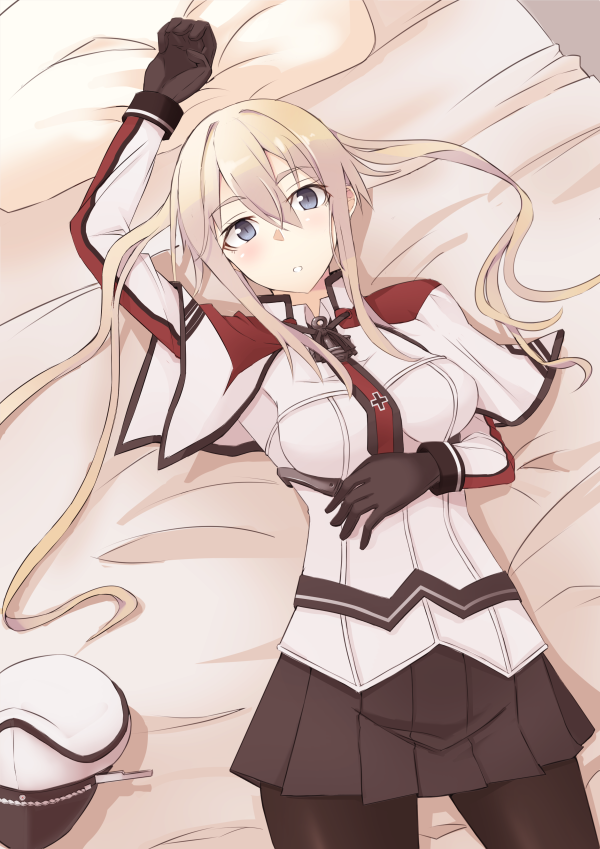 1girl :o anchor bangs bed black_gloves black_legwear black_skirt blonde_hair capelet commentary_request cross gloves graf_zeppelin_(kantai_collection) grey_eyes hair_between_eyes hand_on_own_stomach hat high_ponytail iron_cross jacket kantai_collection looking_at_viewer lying military military_hat military_uniform multicolored multicolored_clothes multicolored_jacket nahu necktie pantyhose peaked_cap pillow pleated_skirt sidelocks skirt solo twintails uniform white_hat white_jacket
