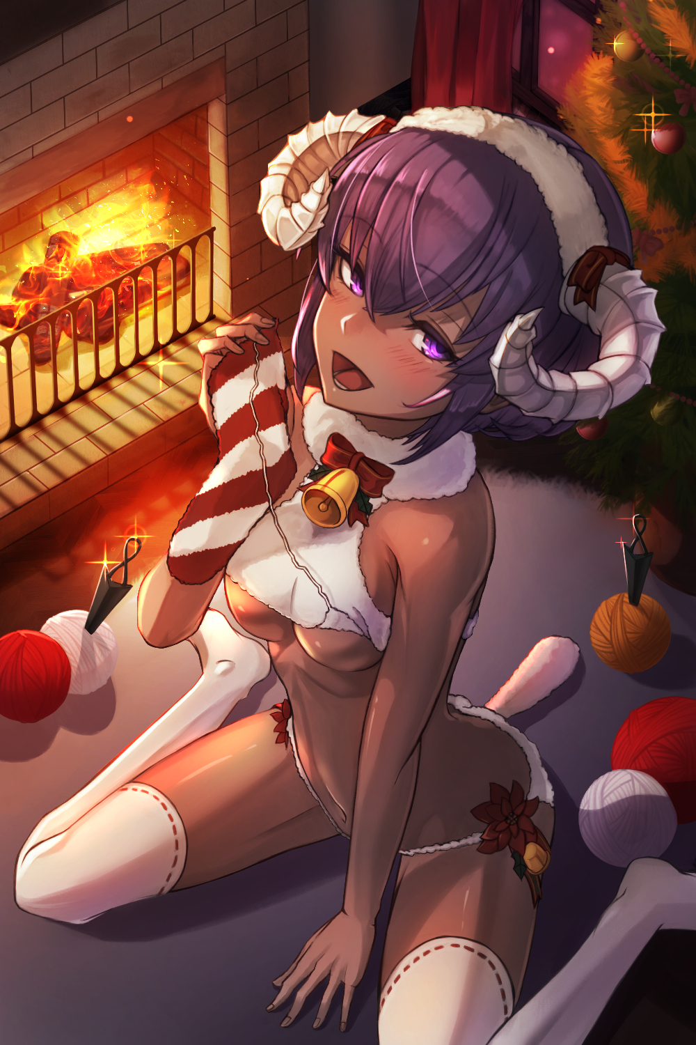 1girl :d announ_(kurotya) bangs bare_arms bare_shoulders bell blush breasts christmas_ornaments christmas_stocking christmas_tree commentary_request crop_top dark_skin eyebrows_visible_through_hair fate/grand_order fate/prototype fate/prototype:_fragments_of_blue_and_silver fate_(series) fingernails fire fireplace flower fur_collar glint hair_between_eyes hand_up hassan_of_serenity_(fate) highres holding horns indoors kunai looking_at_viewer merry_sheep navel no_shoes open_mouth panties purple_hair red_flower ribbon-trimmed_legwear ribbon_trim sheep_horns sidelocks sitting small_breasts smile solo thigh-highs under_boob underwear violet_eyes wariza weapon white_legwear white_panties wool yarn yarn_ball