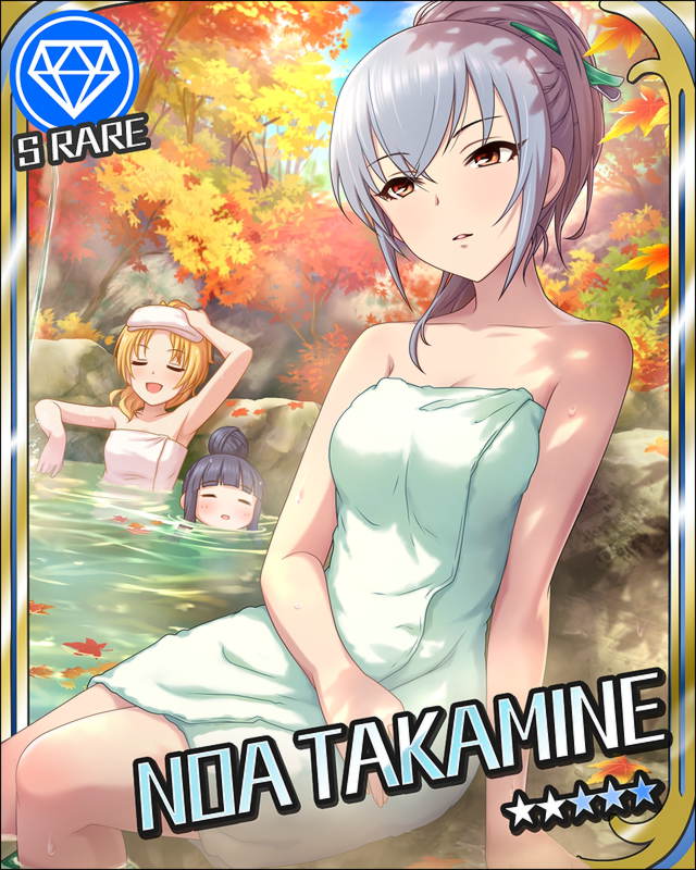 3girls =_= alternate_hairstyle artist_request autumn autumn_leaves bangs bath bathing blonde_hair blue_hair blunt_bangs blush breasts brown_eyes cleavage collarbone hair_bun idolmaster idolmaster_cinderella_girls kiryuu_tsukasa_(idolmaster) leaf long_hair maple_leaf multiple_girls naked_towel nature official_art onsen open_mouth outdoors parted_lips partially_submerged sajou_yukimi silver_hair sitting smile steam takamine_noa tied_hair towel towel_on_head tree water wet