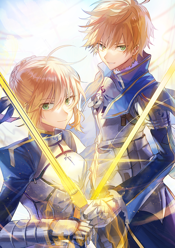 1boy 1girl ahoge armor armored_dress arthur_pendragon_(fate) artoria_pendragon_(all) blonde_hair blue_cape blue_dress blue_ribbon braided_bun breastplate cape dress faulds gauntlets green_eyes hair_between_eyes hair_ribbon holding holding_sword holding_weapon looking_at_viewer parted_lips ribbon saber short_hair smile sword tsugutoku weapon