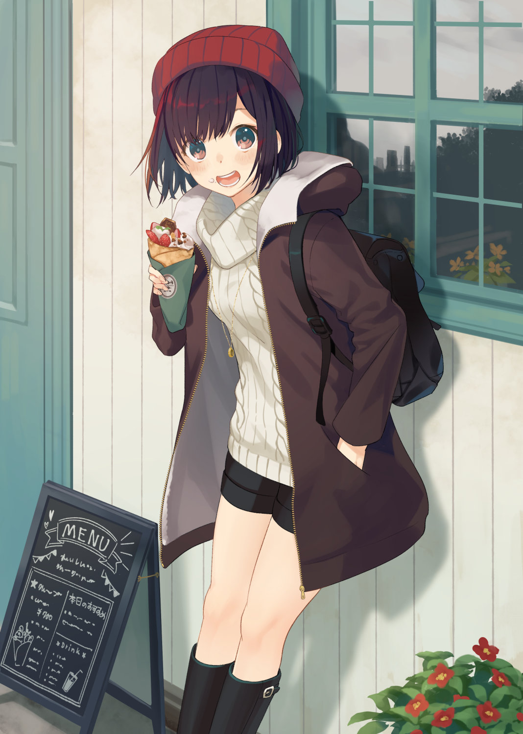 1girl :d aran_sweater backpack bag bangs beanie black_footwear black_hair black_shorts blush boots breasts brown_jacket cafe commentary_request crepe door flower food food_on_face hand_in_pocket hand_up hat highres holding hood hood_down hooded_jacket jacket jewelry knee_boots leaning_back long_sleeves looking_at_viewer menu_board necklace open_clothes open_jacket open_mouth original outdoors plant potted_plant red_eyes red_flower red_hat ribbed_sweater shadow short_hair short_shorts shorts sidelocks small_breasts smile solo sweater taranbo thighs turtleneck turtleneck_sweater white_sweater window zipper zipper_pull_tab