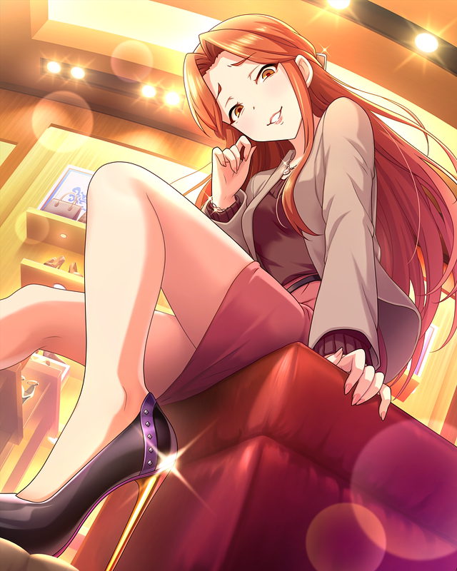 1girl artist_request belt breasts brown_eyes eyebrows_visible_through_hair from_below grin hair_ornament high_heels idolmaster idolmaster_cinderella_girls indoors jacket jewelry legs lipstick long_hair looking_at_viewer looking_down makeup necklace official_art raised_eyebrows redhead shoes sitting skirt smile solo zaizen_tokiko