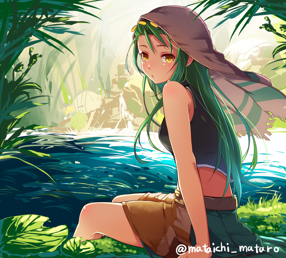 1girl blurry blurry_background brown_skirt day grass green_hair head_scarf long_hair looking_at_viewer mataichi_mataro midriff original outdoors plant sitting skirt soaking_feet solo twitter_username water yellow_eyes