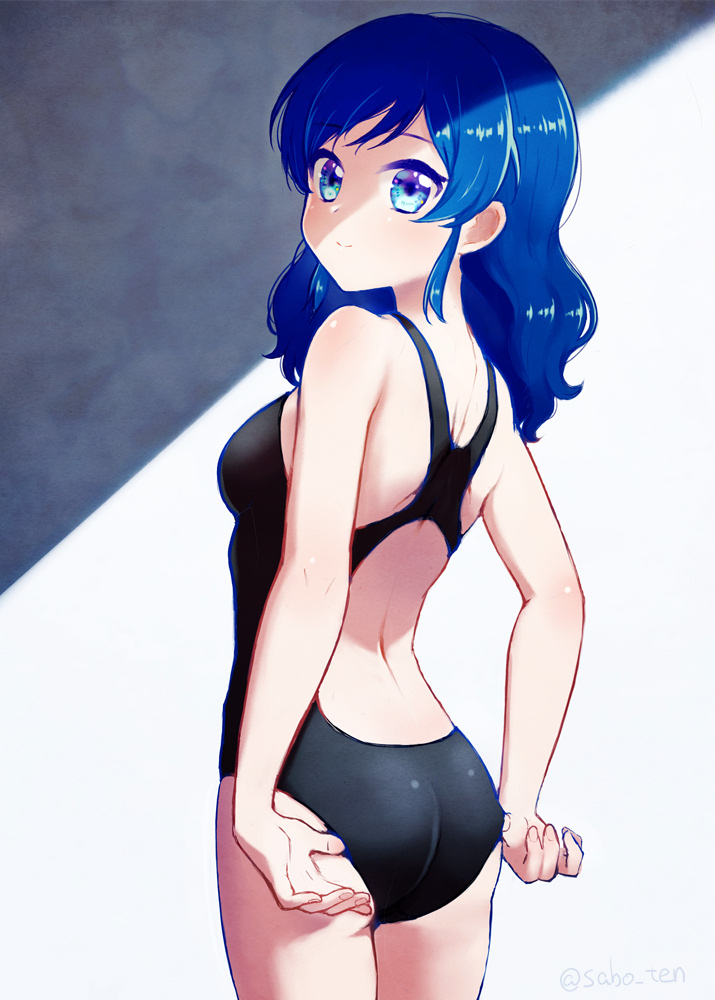 1girl adjusting_clothes adjusting_swimsuit aikatsu! aikatsu!_(series) ass back back_cutout blue_eyes blue_hair breasts casual_one-piece_swimsuit commentary_request cowboy_shot hair_down kiriya_aoi long_hair looking_at_viewer looking_back mo_sabo one-piece_swimsuit shaded_face shadow small_breasts smile solo swimsuit twitter_username