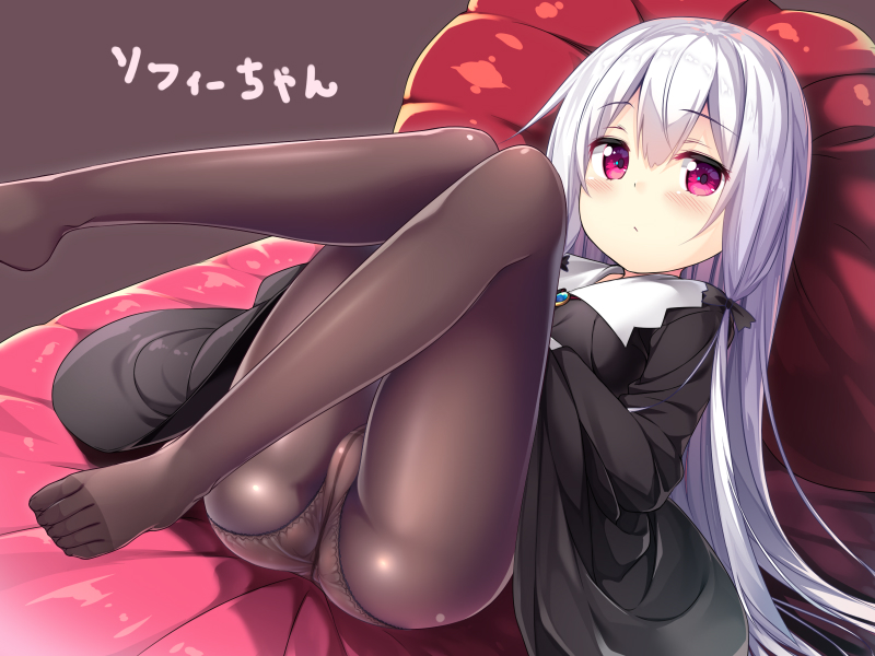 1girl bangs black_dress blush brown_background brown_legwear closed_mouth commentary_request dress eyebrows_visible_through_hair hair_between_eyes legs_up long_hair looking_at_viewer lying no_shoes on_back panties panties_under_pantyhose pantyhose silver_hair solo sophie_twilight tonari_no_kyuuketsuki-san translated underwear usume_shirou very_long_hair violet_eyes