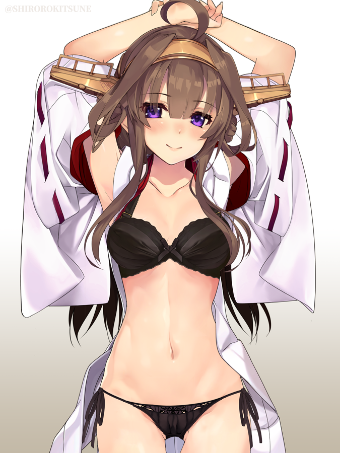 1girl ahoge aiguillette arms_up bangs bare_shoulders black_bra black_panties blush bra breasts brown_hair cleavage closed_mouth collarbone commentary_request cowboy_shot detached_sleeves double_bun eyebrows_visible_through_hair hair_between_eyes hairband headgear japanese_clothes kantai_collection kongou_(kantai_collection) large_breasts long_hair looking_at_viewer nontraditional_miko panties remodel_(kantai_collection) shirokitsune side-tie_panties sidelocks simple_background smile solo twitter_username underwear violet_eyes white_background wide_sleeves