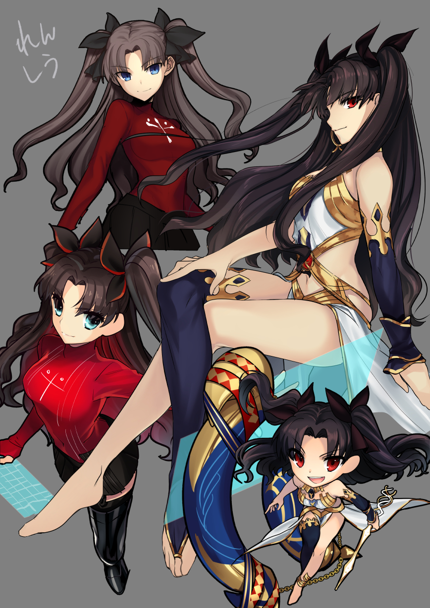 4girls :d asymmetrical_legwear asymmetrical_sleeves barefoot black_bow black_legwear black_skirt blue_eyes blue_legwear blue_shirt blue_sleeves bow brown_hair detached_sleeves fate/grand_order fate_(series) floating_hair grey_background hair_bow hand_on_own_knee highres holding ishtar_(fate/grand_order) jam8686 legs_crossed long_hair long_sleeves looking_at_viewer midriff miniskirt multiple_girls navel navel_cutout open_mouth pleated_skirt red_eyes shirt simple_background single_sleeve single_thighhigh skirt smile stomach thigh-highs tohsaka_rin twintails very_long_hair