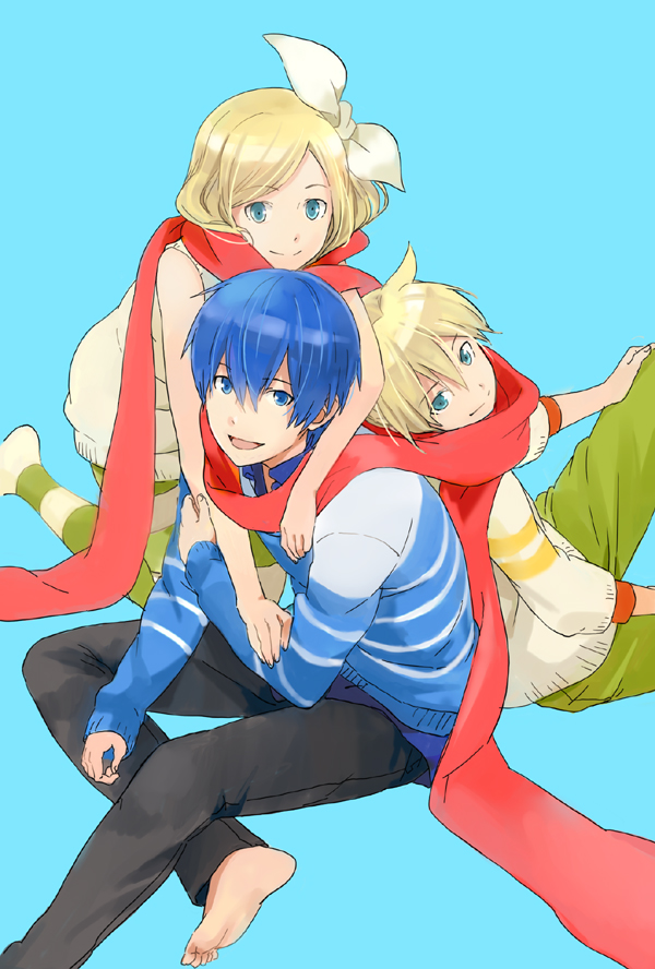 1girl 2boys :d aqua_background arms_around_neck back-to-back bare_arms bare_shoulders barefoot blonde_hair blue_eyes blue_hair blue_shirt denim eyebrows_visible_through_hair fingernails from_above green_pants habuki hair_ribbon happy head_rest horizontal-striped_shirt horizontal_stripes hug hug_from_behind jeans kagamine_len kagamine_rin kaito kneeling long_sleeves looking_at_viewer multiple_boys open_mouth pants red_neckwear red_scarf ribbon scarf shared_scarf shirt short_hair simple_background sitting smile striped vocaloid white_ribbon white_shirt