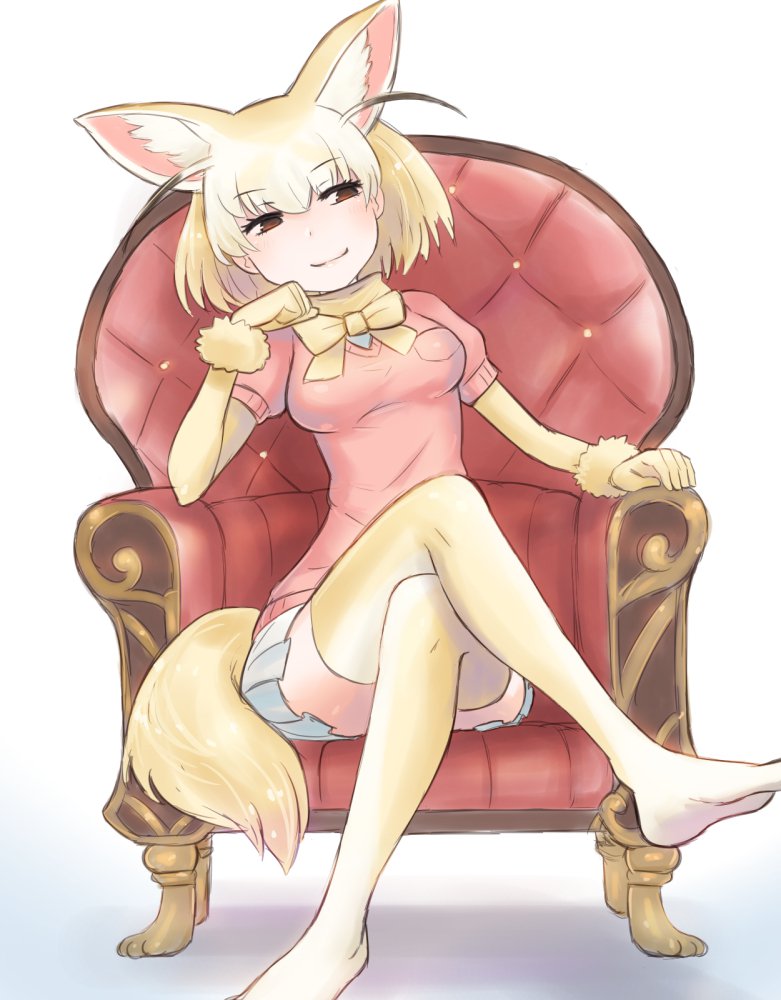 1girl animal_ear_fluff animal_ears blonde_hair bow bowtie chair commentary elbow_gloves eyebrows_visible_through_hair fennec_(kemono_friends) fox_ears fox_tail from_below fur_trim gloves kemono_friends legs_crossed no_shoes pleated_skirt puffy_short_sleeves puffy_sleeves roozin short_hair short_sleeves sitting skirt solo tail thigh-highs zettai_ryouiki