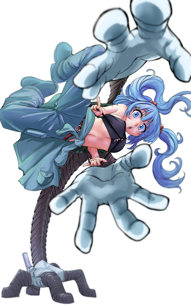 1girl :o backpack bag bangs bare_arms bare_shoulders black_tank_top blue_eyes blue_footwear blue_hair blue_pants blunt_bangs boots breasts doitsuken floating_hair full_body hair_bobbles hair_ornament handstand kawashiro_nitori long_hair mechanical_arm medium_breasts pants rubber_boots simple_background solo stomach tank_top touhou two_side_up under_boob white_background