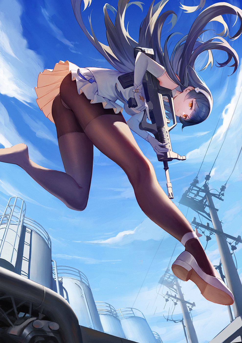 1girl ass assault_rifle bangs bare_shoulders black_hair bullpup closed_mouth clouds cloudy_sky day elbow_gloves girls_frontline gloves gun hairband highres holding holding_weapon jiaotache long_hair looking_at_viewer orange_eyes outdoors pantyhose pleated_skirt qbz-95 qbz-95_(girls_frontline) rifle shoes skirt sky sleeveless solo trigger_discipline weapon white_gloves