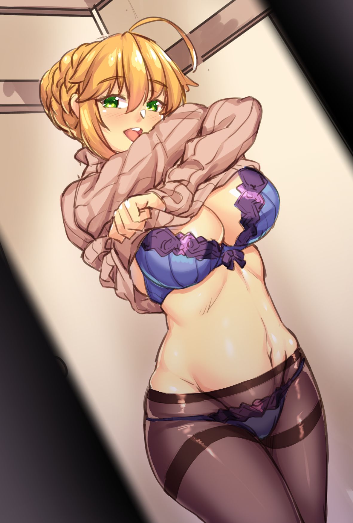 1girl ahoge artoria_pendragon_(all) artoria_pendragon_(lancer) bangs black_legwear blonde_hair blue_bra blue_panties blush bra braid breasts brown_sweater cleavage commentary_request dutch_angle eyebrows_visible_through_hair fate/grand_order fate_(series) green_eyes hair_between_eyes highres indoors lace lace-trimmed_bra large_breasts long_sleeves looking_at_viewer navel open_mouth panties panties_under_pantyhose pantyhose ribbed_sweater shirokuma_a smile solo standing stomach sweater thighband_pantyhose underwear undressing
