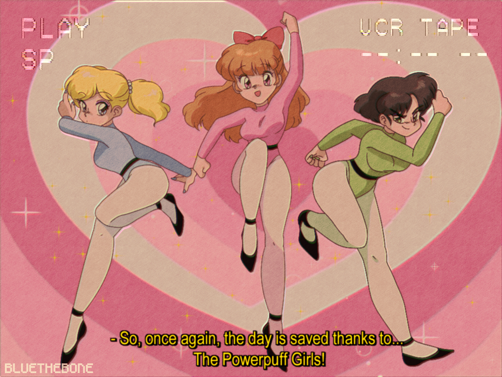 &gt;:) 3girls 90s :d :o arm_up artist_name bangs black_footwear black_hair blonde_hair blossom_(ppg) blue_eyes blue_leotard bluethebone blunt_bangs bow breasts bubbles_(ppg) buttercup_(ppg) clenched_hand english english_text eyebrows_visible_through_hair fake_screenshot female fighting_stance film_grain green_eyes green_leotard hair_bow heart heart_background highres leotard long_hair long_sleeves looking_at_viewer multiple_girls oldschool open_mouth orange_hair pantyhose parody pink_eyes pink_leotard pose powerpuff_girls red_bow running short_hair siblings sisters smile style_parody subtitled twintails vhs_artifacts white_legwear