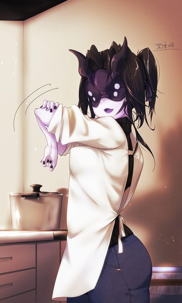 1girl alternate_costume black_hair blush horns kantai_collection kappougi kitchen light_cruiser_hime long_hair looking_at_viewer mask mochitsu_jou open_mouth pale_skin pot shadow shinkaisei-kan side_ponytail smile solo