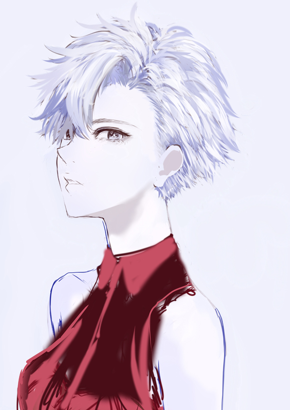 1girl bare_shoulders expressionless grey_background grey_eyes hair_over_one_eye looking_at_viewer original red_shirt sakimori_(hououbds) shirt short_hair simple_background sleeveless sleeveless_shirt solo spiky_hair standing turtleneck upper_body white_hair