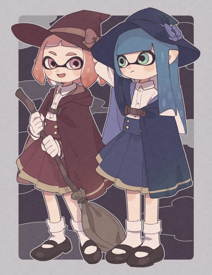 2girls bangs black_footwear blue_bow blue_cape blue_hair blue_skirt blunt_bangs blush_stickers bow broom brown_bow cape closed_mouth collared_shirt domino_mask frown full_body gloves gomi_(kaiwaresan44) green_eyes hand_on_headwear hat hat_bow high-waist_skirt holding holding_broom inkling long_hair long_sleeves looking_at_another mary_janes mask medium_skirt multiple_girls open_mouth outside_border pink_eyes pink_hair pleated_skirt pointy_ears print_cape print_skirt red_cape red_skirt shirt shoes short_hair single_horizontal_stripe skirt smile socks splatoon splatoon_(series) splatoon_2 standing symbol_commentary tentacle_hair white_gloves white_legwear white_shirt witch witch_costume witch_hat