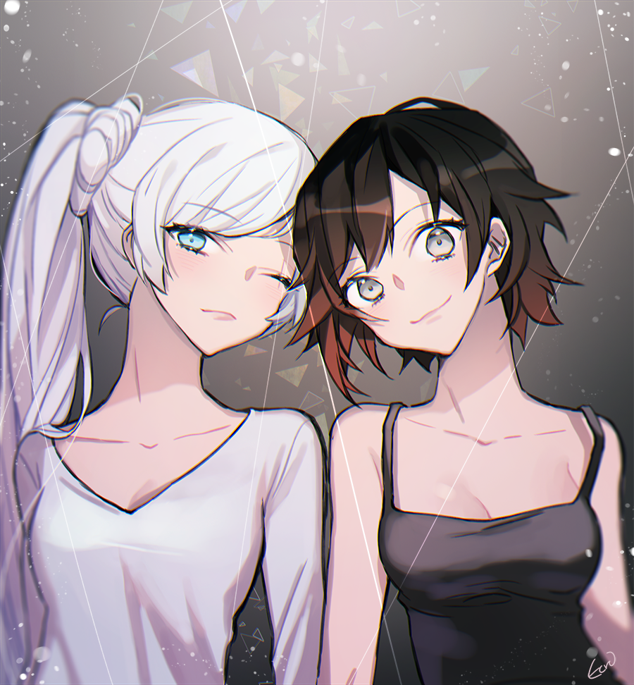 2girls artist_name black_background black_singlet blue_eyes ecru grey_eyes multiple_girls one_eye_closed redhead ruby_rose rwby scar scar_across_eye shirt singlet smile weiss_schnee white_hair white_shirt