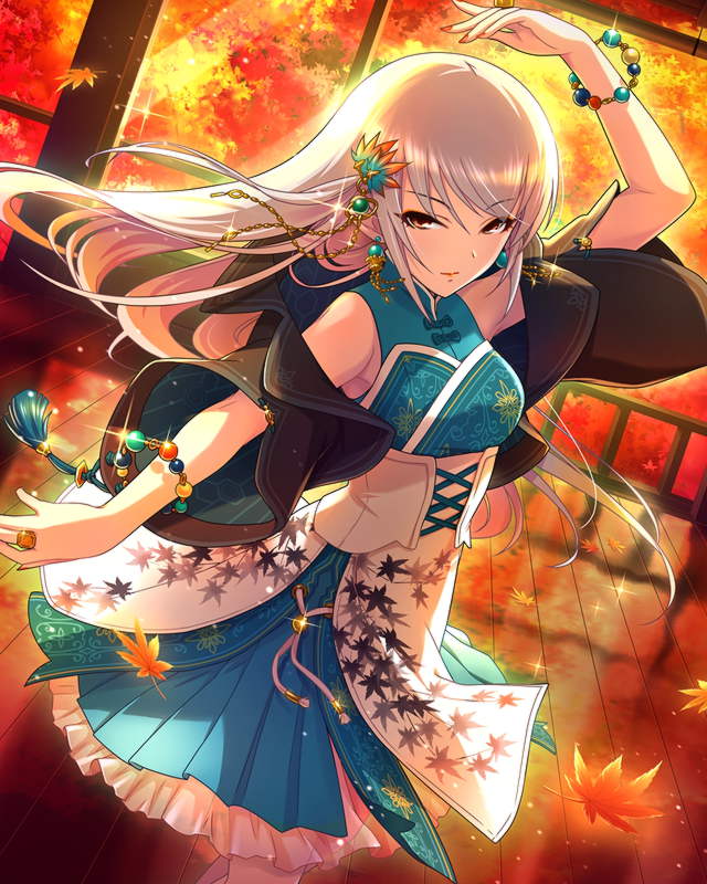 1girl artist_request autumn_leaves bangs bare_shoulders bracelet breasts brown_eyes dancing dress earrings expressionless eyebrows_visible_through_hair floral_print hair_ornament idolmaster idolmaster_cinderella_girls indoors jewelry leaf leaf_print long_hair looking_at_viewer maple_leaf maple_leaf_print medium_breasts nail_polish official_art pleated_dress ring silver_hair solo takamine_noa
