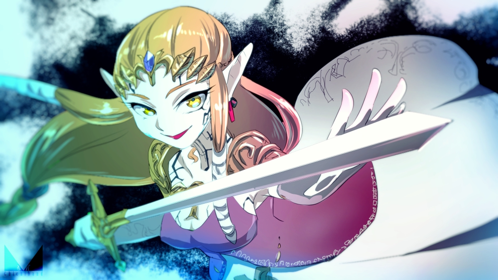 1girl breasts chichi_band cleavage dress gem holding holding_sword holding_weapon long_hair looking_at_viewer low-tied_long_hair medium_breasts nintendo open_mouth orange_hair pointy_ears princess princess_zelda shoulder_pads smile solo sword the_legend_of_zelda the_legend_of_zelda:_twilight_princess tiara weapon yellow_eyes