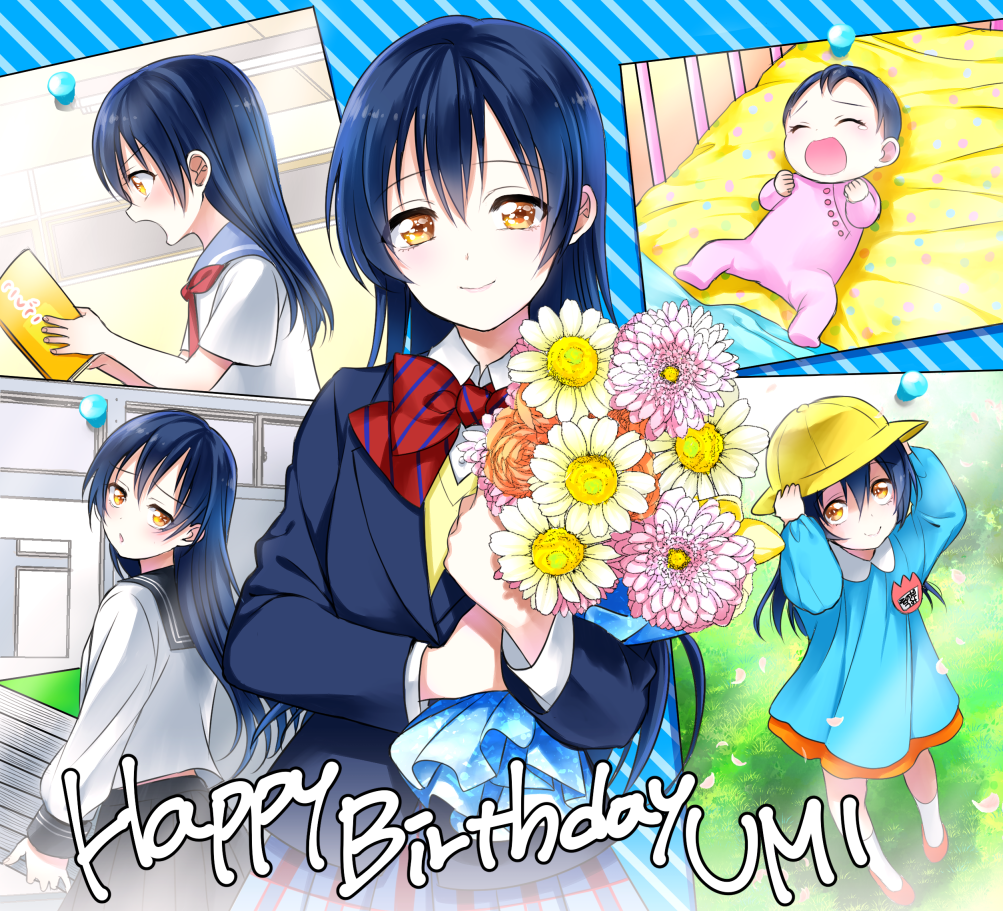 1girl age_progression baby bangs birthday blue_hair bouquet character_name child closed_mouth commentary_request english eyebrows_visible_through_hair flower hair_between_eyes happy_birthday holding holding_bouquet kisaragi_mizu long_hair looking_at_viewer love_live! love_live!_school_idol_project multiple_persona otonokizaka_school_uniform school_uniform smile sonoda_umi yellow_eyes younger