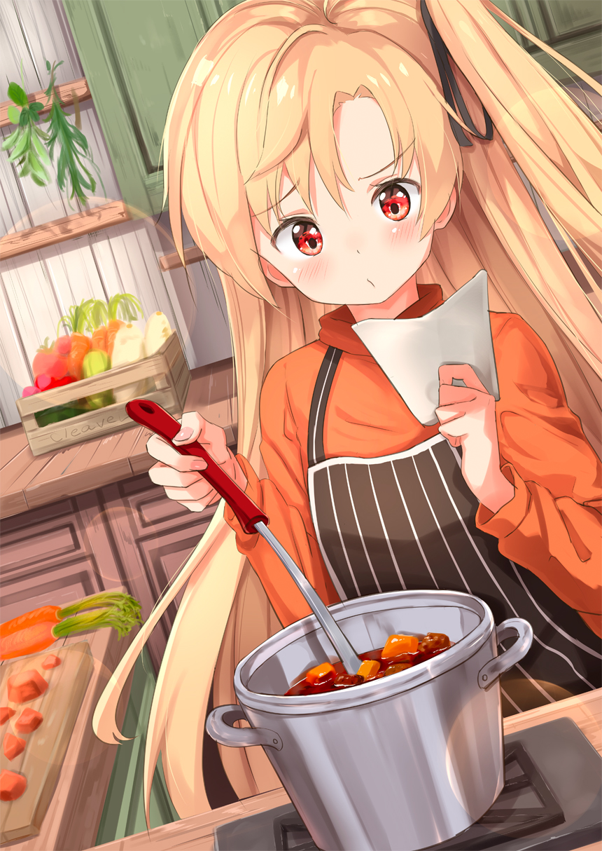 1girl ame. apron azur_lane bangs black_apron black_ribbon blonde_hair blush carrot cleveland_(azur_lane) closed_mouth commentary_request cooking cutting_board eyebrows_visible_through_hair fingernails food hair_between_eyes hair_ribbon highres holding index_finger_raised ladle long_hair long_sleeves one_side_up orange_shirt pot red_eyes ribbon shirt solo stove striped vertical-striped_apron vertical_stripes very_long_hair