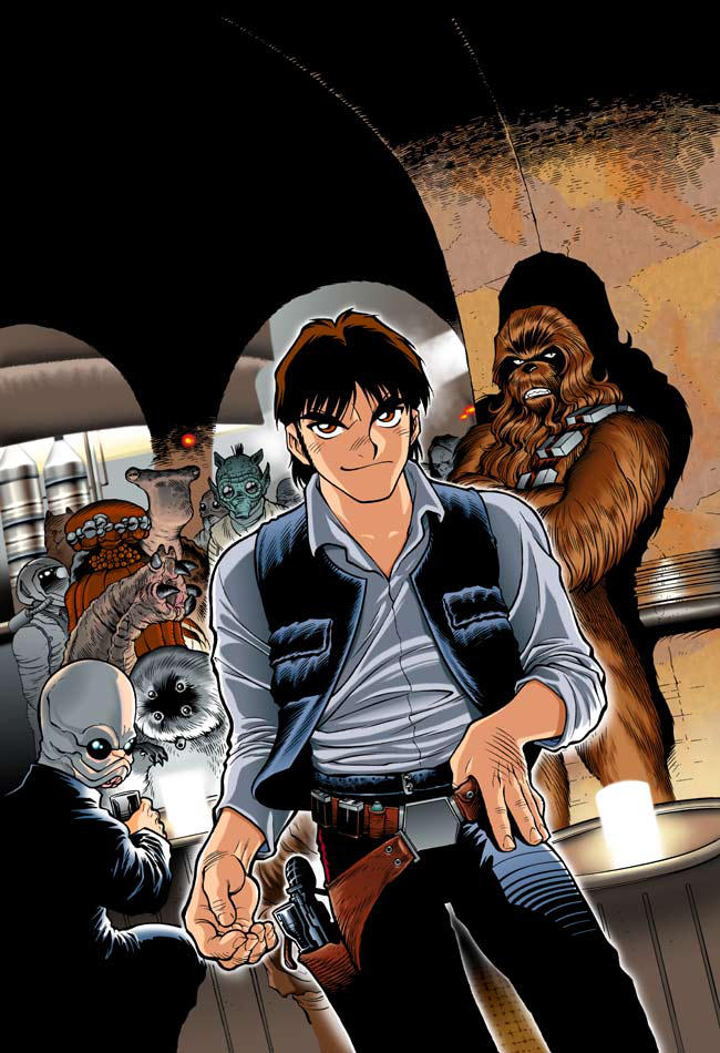 90s adam_warren alien bandolier bar brown_eyes brown_hair character_request chewbacca collaboration cover dirty drinking energy_gun greedo han_solo holster joewight looking_at_viewer machinery mos_eisley multiple_boys official_art official_style ponda_baba promotional_art ray_gun science_fiction sitting star_wars star_wars_manga table tagme vest weapon