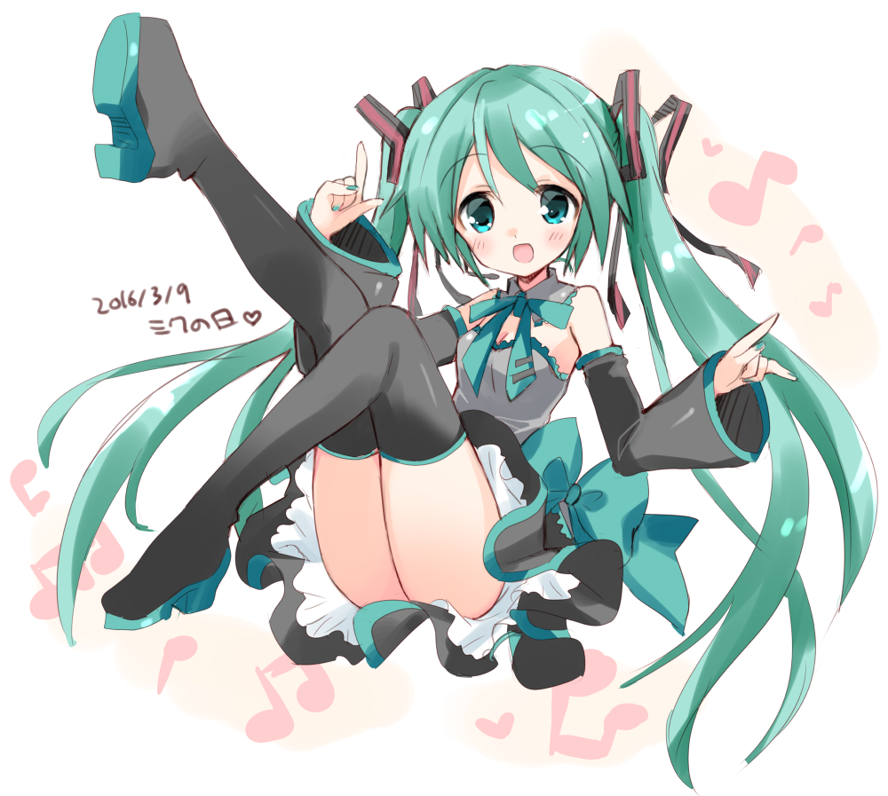 1girl beamed_eighth_notes black_legwear boots commentary_request dated detached_sleeves eighth_note full_body green_eyes green_hair hatsune_miku headset hizuki_yayoi long_hair looking_at_viewer microphone musical_note necktie open_mouth quarter_note simple_background sleeveless smile solo thigh-highs thigh_boots twintails underskirt very_long_hair vocaloid white_background