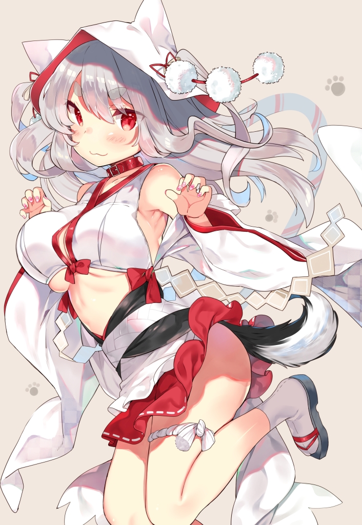 1girl :3 animal_ears animal_hood azur_lane bangs bare_shoulders black_footwear blush breasts brown_background claw_pose commentary_request crop_top detached_sleeves eyebrows_visible_through_hair fingernails grey_hair hair_between_eyes hood hood_up kibii_mocha long_hair long_sleeves looking_at_viewer medium_breasts nail_polish pink_nails red_eyes red_skirt ribbon-trimmed_skirt ribbon_trim short_eyebrows simple_background skirt socks solo tabi tail thick_eyebrows white_legwear white_sleeves wide_sleeves wolf_ears wolf_girl wolf_tail yuudachi_(azur_lane) zouri