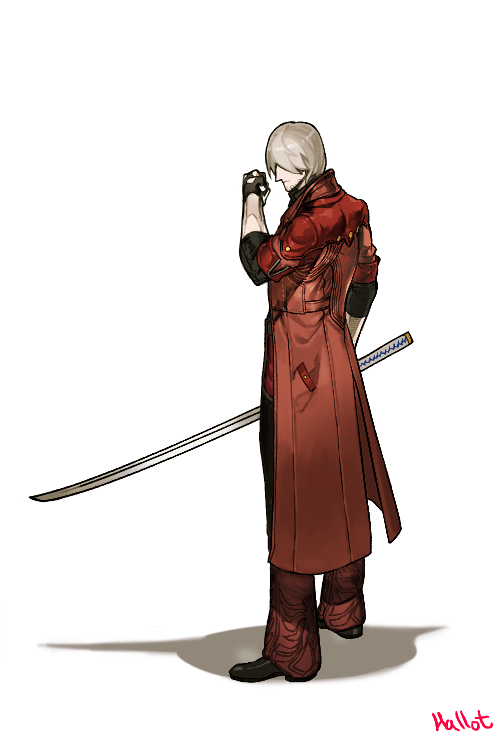 boots clenched_hand coat dante_(devil_may_cry) devil_may_cry devil_may_cry_4 facial_hair fingerless_gloves gloves hallot highres holding holding_weapon katana looking_at_hand medium_hair red_coat signature simple_background standing sword weapon white_background white_hair