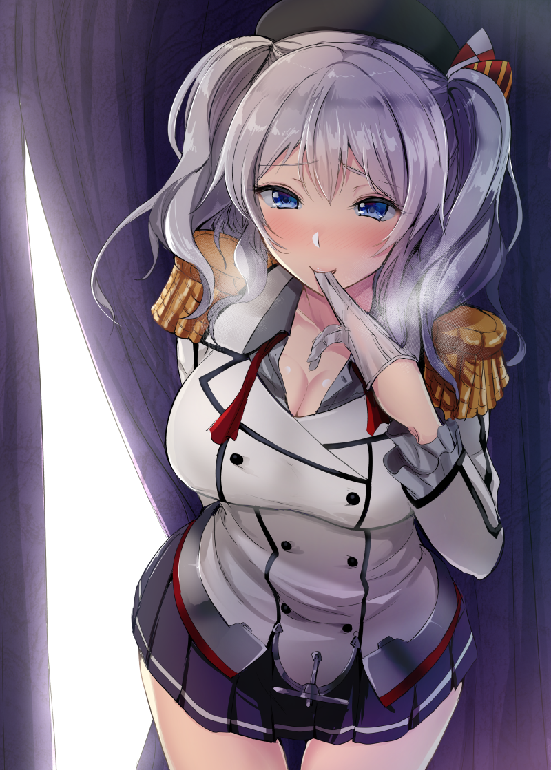 1girl beret biting black_hat blue_eyes blush breasts buttons cleavage collarbone curtains epaulettes frilled_sleeves frills gin'ichi_(akacia) glove_biting gloves hat jacket kantai_collection kashima_(kantai_collection) large_breasts long_sleeves looking_at_viewer military military_jacket military_uniform miniskirt pleated_skirt red_neckwear sidelocks silver_hair skirt solo twintails uniform wavy_hair white_gloves white_jacket