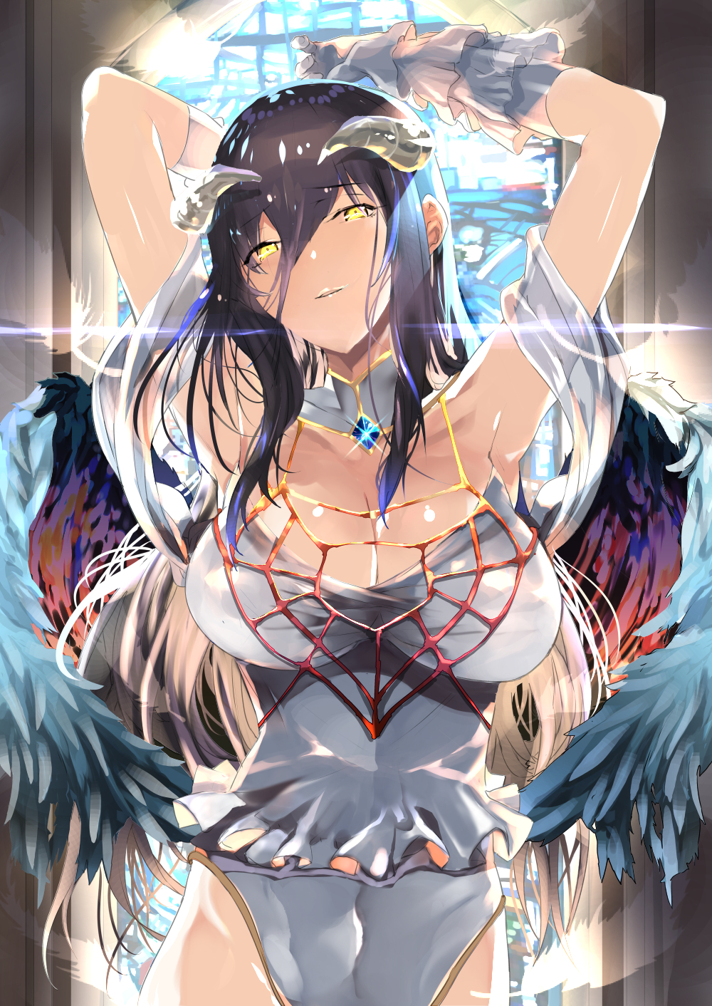 1girl albedo armpits bare_shoulders black_feathers black_hair black_wings breasts cleavage demon_girl demon_horns demon_wings detached_collar dress feathered_wings feathers gloves hair_between_eyes highres hip_vent horns indoors jewelry large_breasts low_wings necklace overlord_(maruyama) slit_pupils standing thighs white_dress white_gloves window wings yellow_eyes yuu_(asaiyuji)