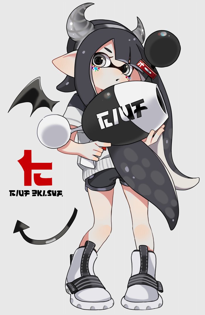 1girl :o ankle_boots bangs black_eyes black_hair black_shorts black_wings blunt_bangs boots commentary demon_tail demon_wings domino_mask fake_horns fake_tail fake_wings freckles full_body grey_background gym_shorts holding holding_weapon inkling inkling_(language) long_hair looking_at_viewer luna_blaster_(splatoon) maco_spl mask parted_lips pointy_ears shirt short_shorts short_sleeves shorts simple_background solo splatoon splatoon_(series) splatoon_2 standing tail tentacle_hair weapon white_footwear white_shirt wings