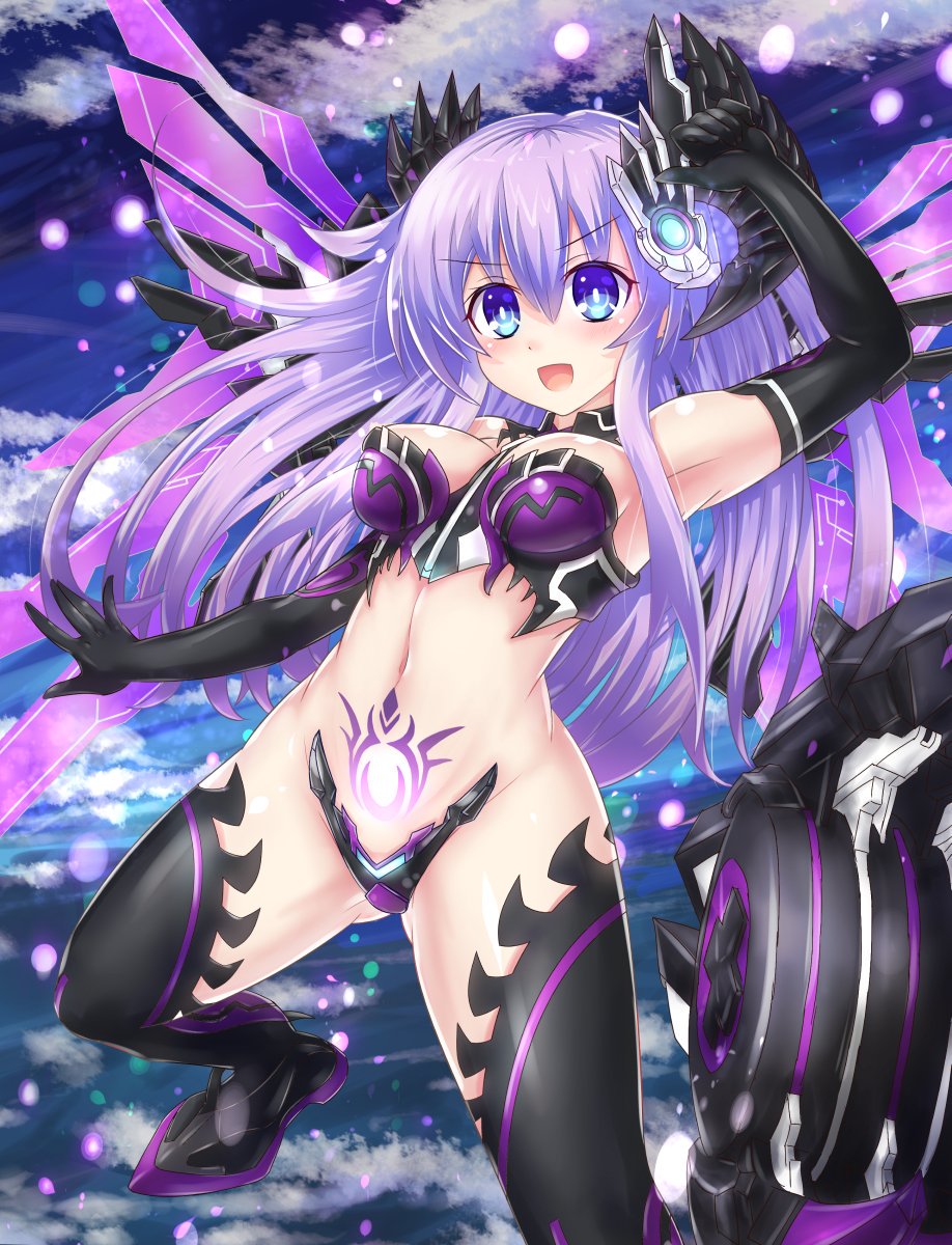 1girl bare_shoulders blue_eyes breasts bustier cleavage cowboy_shot crotch_plate elbow_gloves gloves hair_ornament highres kazuneko_(wktk1024) long_hair mechanical_wings medium_breasts midriff navel nepgear nepnep_connect:_chaos_chanpuru neptune_(series) open_mouth outdoors pubic_tattoo purple_hair purple_sister purple_sister_(chaos_form) revealing_clothes smile solo stomach symbol-shaped_pupils tattoo thigh-highs wings